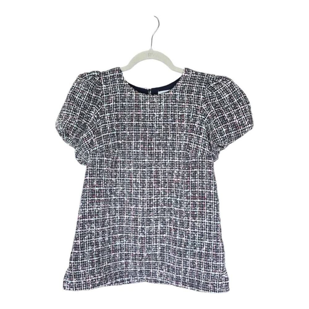 Crown & Ivy tweed plaid puff sleeve top